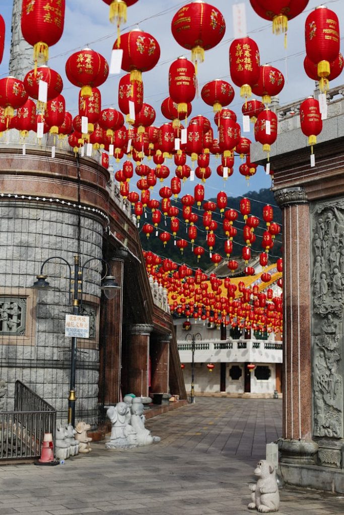 Bright red lanterns decorating a Chinese temple courtyard, enhancing festive vibe.